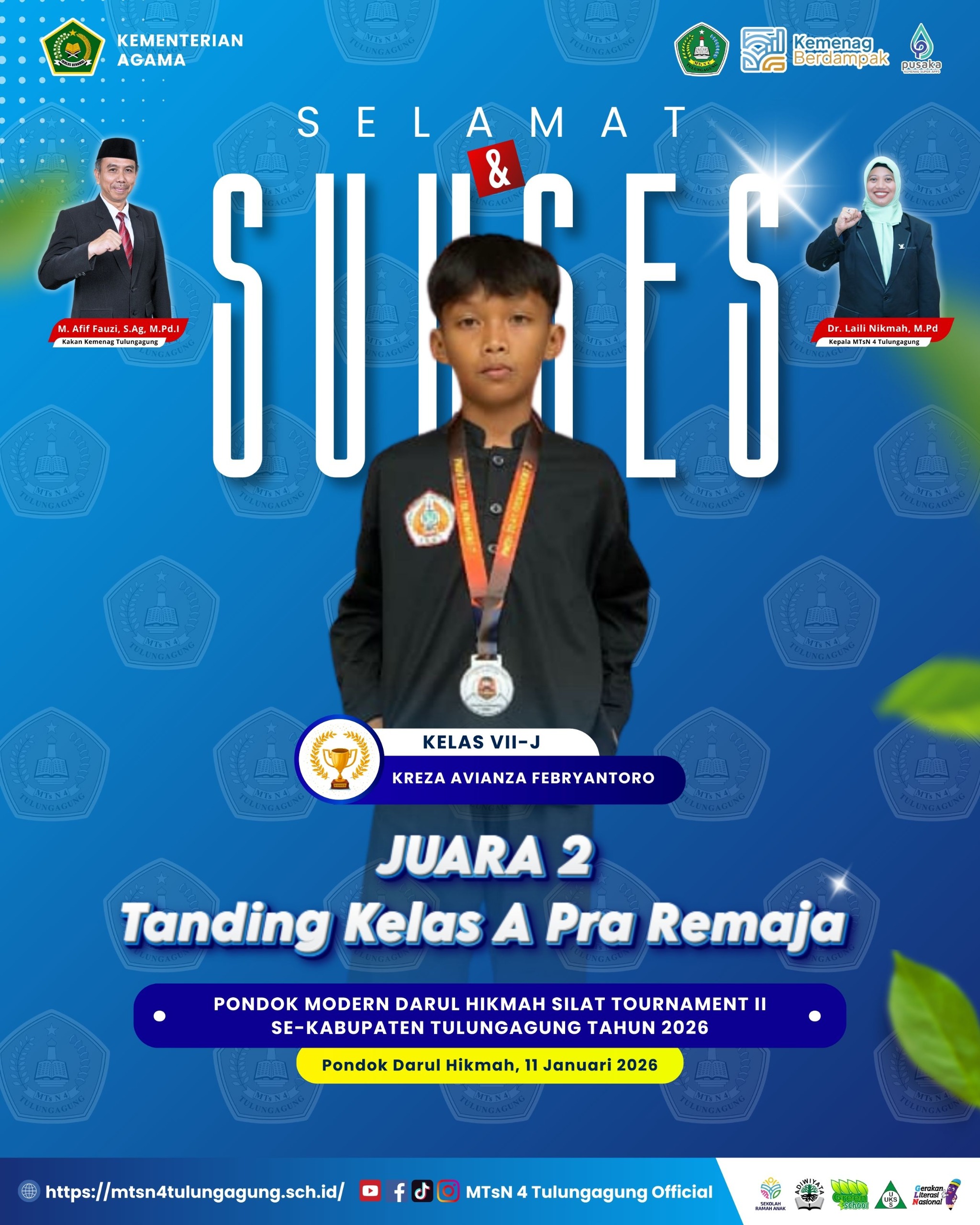 Juara 2 Tanding Kelas A Pra Remaja pada Pondok Modern Darul Hikmah Silat Tournament II se-Kabupaten Tulungagung